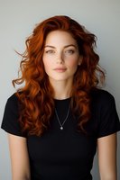 Young woman with long curly copper red hair wearing black t-shirt and silver pendant necklace against neutral background, natural makeup and green eyes.