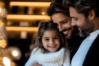 Happy family moment with young girl in white sweater and two men sharing genuine smiles and warm embrace against blurred holiday lights background.