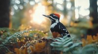 Spotted woodpecker perched on mossy log in autumn forest setting with golden bokeh background and fern leaves in foreground creating dreamy atmosphere.