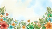 Watercolor tropical floral border with palm leaves, hibiscus, plumeria, butterflies, and birds on a soft pastel background with copy space.