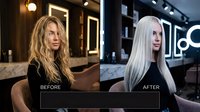 Hair transformation before and after comparison showing blonde woman with dramatic color change from natural to platinum in modern salon setting.