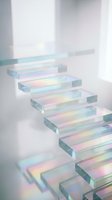 Holographic glass steps with rainbow iridescent reflections in minimalist white interior space for modern architectural design concepts.