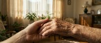 Two senior hands gently touching in a warm, sunlit living room, expressing love, care, and emotional connection between elderly partners or family members.