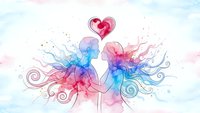 Romantic couple silhouettes with flowing colorful hair and heart symbol representing love, connection and Valentine's Day celebration on white background.