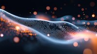 Glowing particle wave with orange bokeh lights on dark background, flowing digital dots formation creating dynamic modern technology visualization effect.