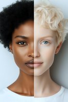 Creative portrait showing contrasting skin tones and features split down middle, highlighting diversity and beauty in human appearance against white background.