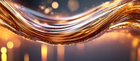 Flowing golden liquid wave with sparkling particles and bokeh lights creates dynamic motion against dark background, abstract luxury design element.