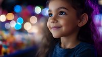 Young Hispanic girl with curly hair smiling joyfully at colorful bokeh lights in evening setting. Child happiness, wonder, celebration concept.