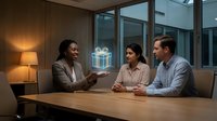 Young diverse professionals in business casual attire discussing strategy around wooden table with glowing gift box hologram, modern office interior with floor-to-ceiling windows at dusk.