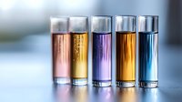 Colorful shot glasses filled with different liquids in pink, yellow, purple, amber and blue colors arranged in row on blurred background. Laboratory testing concept.
