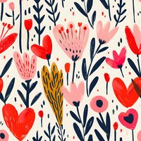 Whimsical floral pattern with red hearts, pink blooms, and navy stems on cream background. Seamless repeat design for fabric, wallpaper, and surface patterns.