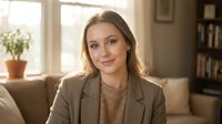 Professional young Caucasian businesswoman in beige blazer smiling confidently in modern office interior for corporate presentations and marketing.