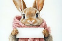Adorable brown bunny wearing pink knitted sweater holding blank white banner on light background, isolated illustration for greeting cards and designs.