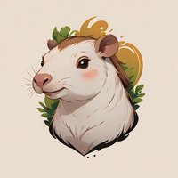 Adorable white rat portrait with green leaves and golden highlights on beige background, smiling friendly character for children book illustration or mascot design.