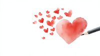 Watercolor red heart painted with brush releasing small flying hearts on white background, romantic artistic composition for Valentine's Day designs.