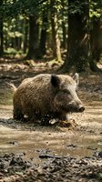 Wild boar splashing in muddy forest water with droplets flying, natural wildlife behavior in woodland habitat for nature and animal content.