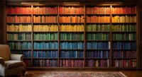 Massive library wall with thousands of books arranged by color creating rainbow gradient from red to blue. Cozy reading corner with leather armchair and ornate rug.