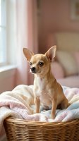 Adorable tan and white Chihuahua puppy sitting in wicker basket with soft pink blankets in cozy bedroom interior for pet care and home decor concepts.