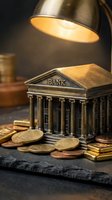 Miniature bank building model with golden coins and warm lighting for financial concepts and investment planning presentations.