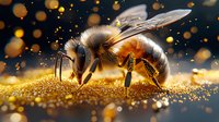 Macro shot of honey bee collecting golden pollen, wings spread against dark background with magical bokeh lights and sparkles. Nature photography concept.