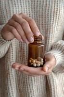 Female hands holding brown glass bottle with supplements against cozy knitted sweater background. Natural manicure and wellness concept for health blogs.