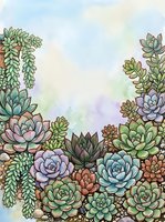 Watercolor succulent garden with colorful rosettes and cacti in soft pastel tones, perfect for botanical prints, wall art, and nature-themed designs.