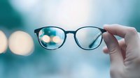 Modern eyeglasses held up against blurred teal background with soft bokeh lights, demonstrating clear vision and optical focus concept for eye care and optometry.