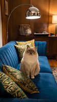 Ragdoll cat sitting on blue velvet sofa with gold patterned pillows in warm-toned living room with arc lamp and wooden furniture. Use for home decor, pet lifestyle, interior design.