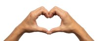 Two hands forming heart shape gesture on white background expressing love affection and care for romantic greeting cards social media posts.
