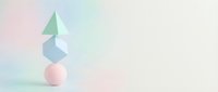 Minimalist geometric shapes stack with pastel gradient background featuring triangle, cube and sphere in soft colors for modern design projects.