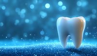 Healthy white molar tooth on sparkling blue background with bokeh effect, representing dental care and oral hygiene concept.