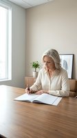 Professional blonde businesswoman writing in notebook at modern office desk near window for corporate planning and documentation.
