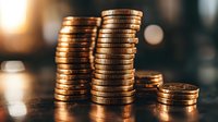 Stacks of golden coins on dark background with bokeh lights, representing wealth, savings and financial growth. Macro photography with selective focus.