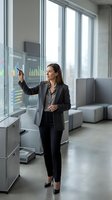 Professional businesswoman analyzing financial data on interactive digital display in modern office environment for corporate presentations and meetings.