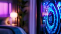 Futuristic smart home interface with glowing blue holographic display showing IoT controls in modern bedroom interior with ambient purple lighting.