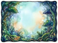 Enchanted forest clearing with lush green foliage framing a misty, luminous center, featuring layered vegetation and magical atmospheric lighting for fantasy and nature designs.
