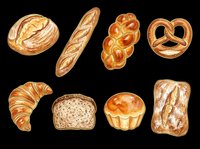 Assorted fresh baked bread and pastries isolated on transparent background. Includes croissant, baguette, pretzel, rolls and more. Ready for bakery designs, menus, t-shirts and print projects.