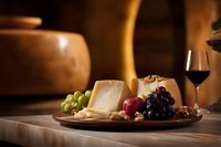 Rustic wooden board with aged cheese, fresh grapes, walnuts and red wine glass in warm lighting creates appetizing gourmet composition for food photography.