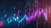 Stock market financial data visualization with glowing neon candlestick charts in cyan and magenta, representing trading trends and investment analysis for finance and business applications.