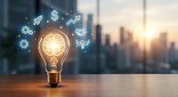 Glowing light bulb with brain and business icons on wooden surface against blurred city skyline at sunset representing innovation and entrepreneurship.