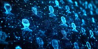 Glowing blue digital avatars connected by network lines represent social connectivity and global communication in modern technology space. For business networking concept.