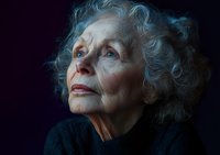 Senior woman with curly silver hair gazing upward against dark background, dramatic side lighting highlights facial features and wisdom in contemplative portrait.