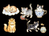 Adorable cats isolated on transparent background, ready for t-shirt designs, stickers, clipart, sublimation and print-on-demand products. Five charming feline characters in various poses and styles.