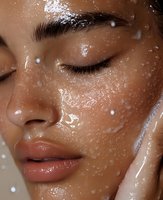 Close up of Asian woman face with water drops and splashes on glowing hydrated skin, eyes closed, natural makeup look for beauty and skincare advertising.