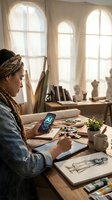 Female artist with braided hair using AI application on smartphone while sketching at wooden desk in bright studio with arched windows, art supplies, and sculptures.
