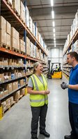 Warehouse workers discussing logistics in modern distribution center with shelving systems and forklift operations for supply chain management.