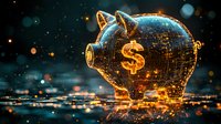 Glowing digital piggy bank with dollar symbol in futuristic style against dark background with bokeh lights and technology circuit patterns. Financial concept.