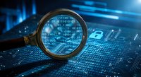 Magnifying glass examining binary code on digital circuit board with blue glowing technology background for cybersecurity analysis and data investigation.