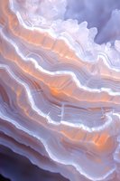 Luminous layers of agate crystal with orange and purple hues create abstract wavy patterns, showcasing natural mineral formation detail and translucent texture.
