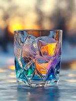 Crystal glass with ice cubes catching colorful light reflections in blue, orange and purple hues against blurred bokeh background, creating prismatic effects.